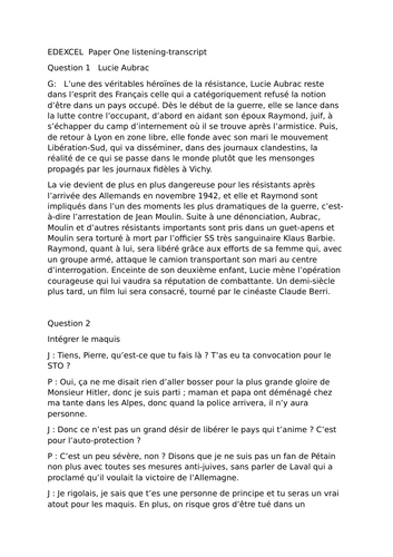 EDEXCEL A level French practice paper one WW2 topics 10, 11, 12