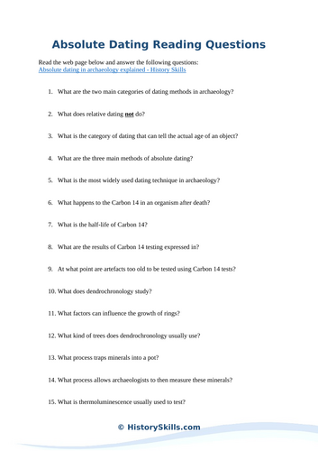 Absolute Dating Techniques in Archaeology Reading Questions Worksheet