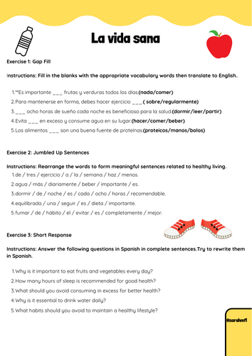 Spanish vida sana GCSE AQA worksheet