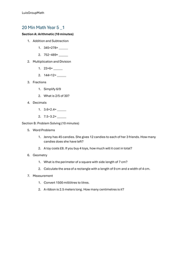 20 Min Math Y5 with answers
