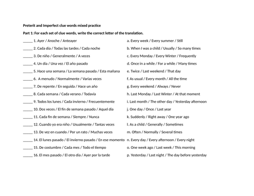 Preterit and Imperfect clue words mixed practice