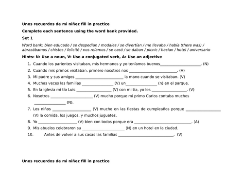 Unos recuerdos de mi niñez fill in practice