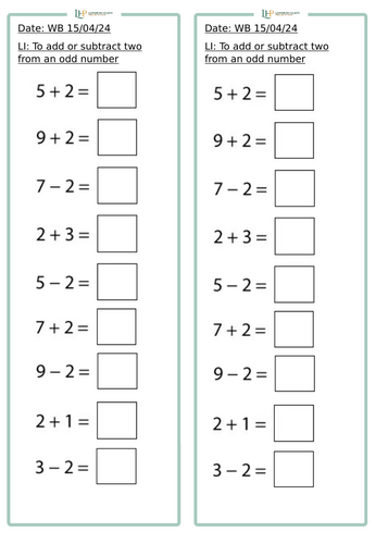 Year 1 To Add or Subtract 2 from an Odd number or Even number