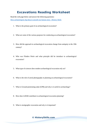Introduction to Archaeological Excavations Reading Worksheet