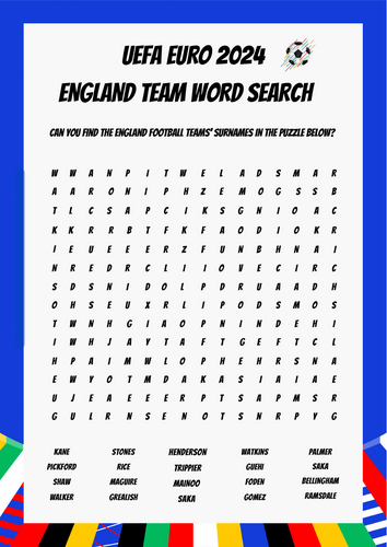 England Football Euros 2O24 Team Word Search & Answers Sheet Quiz