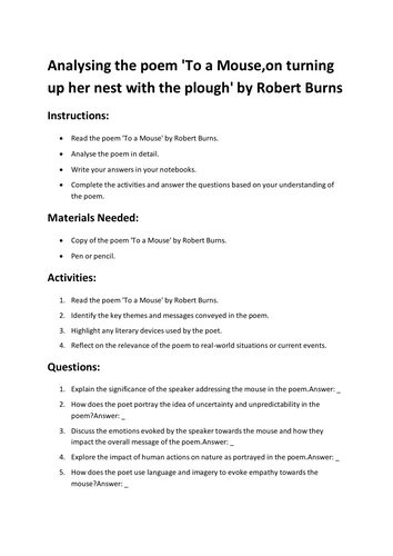 Analysing the poem 'To a Mouse,on turning up her nest with the plough' by Robert Burns