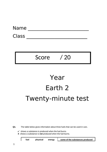 Year 8 Science KS3 AQA 20 minute tests