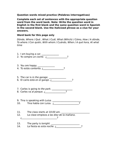 Question words mixed practice (Palabras interrogativas)