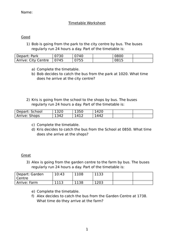 National 3 Maths Timetable Practise Worksheet