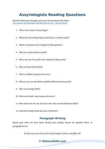 Famous Assyriologists Reading Questions Worksheet