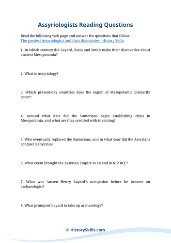 Famous Assyriologists Reading Questions Worksheet