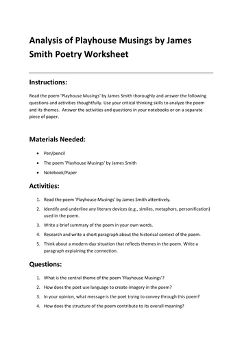 Analysis of Playhouse Musings by James Smith Poetry Worksheet