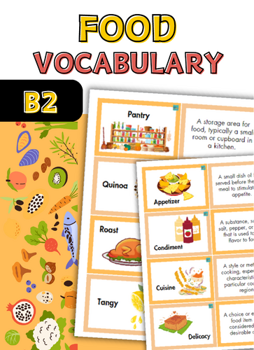 Food vocabulary. Guess the word game. Names of Food with definition. B2.