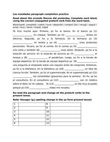 Los mandados (errands) paragraph completion practice