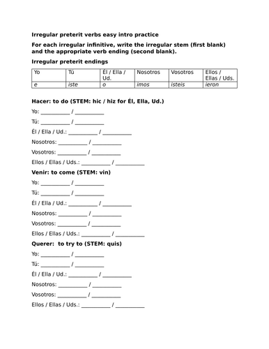 Irregular preterit verbs easy intro practice