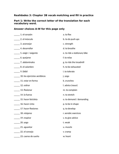 Realidades 3: Chapter 3B vocab matching and fill in practice (Health and well being)