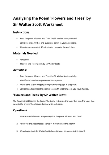 Analysing the Poem 'Flowers and Trees' by Sir Walter Scott Worksheet