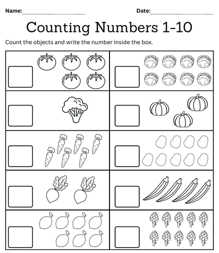kindergarten math counting objects worksheets 1-10 black and white