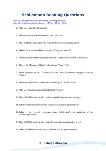 Heinrich Schliemann and the Discovery of Troy Reading Questions Worksheet