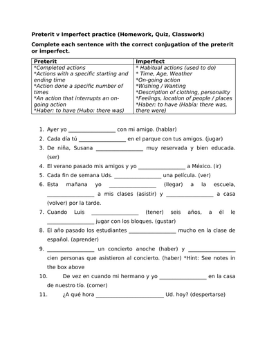 Preterit v Imperfect practice (Homework, Quiz, Classwork)