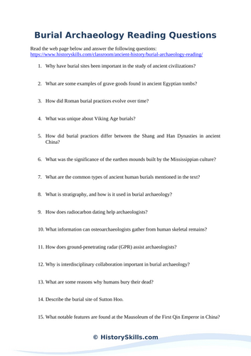 Burial Archaeology Reading Questions Worksheet