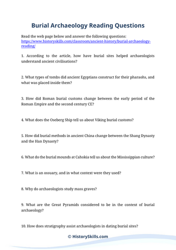 Burial Archaeology Reading Questions Worksheet