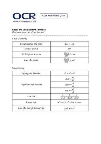 OCR GCSE Maths Formulae Sheet