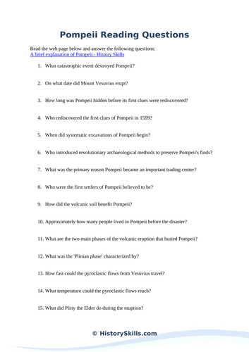 Burial and Rediscovery of Pompeii Reading Questions Worksheet