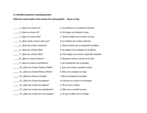Ir a infinitive questions matching practice