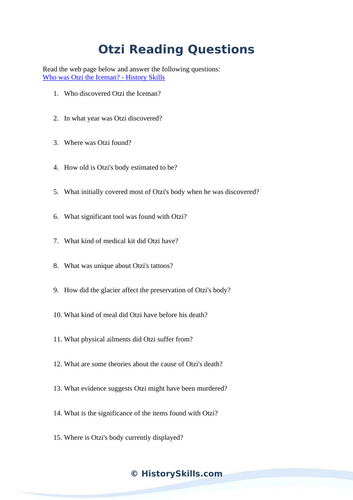 Otzi the Iceman Reading Questions Worksheet