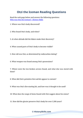 Otzi the Iceman Reading Questions Worksheet