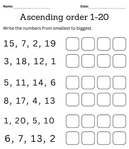 Ascending and Descending Order Worksheets 1 to 20 for kindergarten with answers