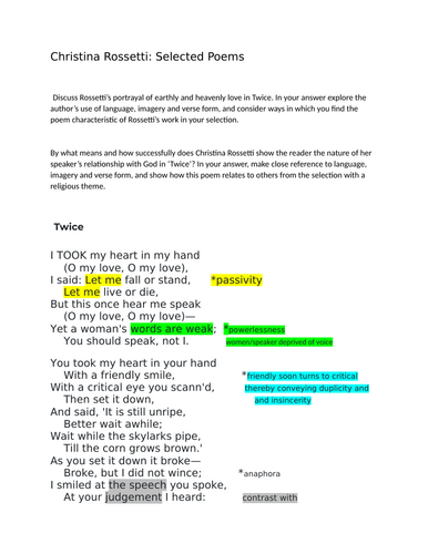 Christina Rossetti "Twice" A LEVEL ENGLISH LITERATURE analysis