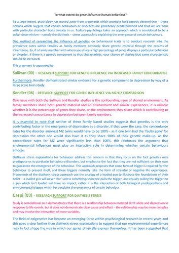 IB/ AQA A Level colour coded Essay  'To What Extent do Genes Influence Behaviour' (Teacher Written)
