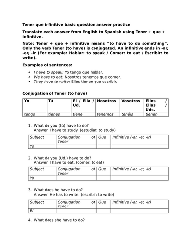 Tener que infinitive basic question answer practice
