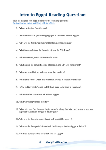 Overview of Egyptian History Reading Questions Worksheet