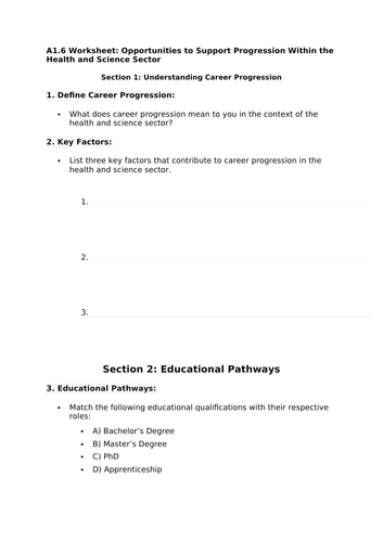 T Level Health A1 worksheet and end of topic test