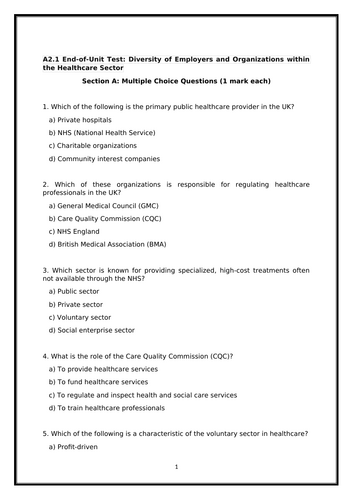 T Level Health A2  worksheet and end of topic test