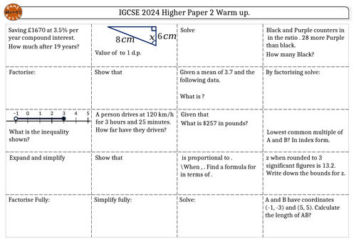 IGCSE Edexcel Maths 2024 Paper 2 Warm Up Sheet