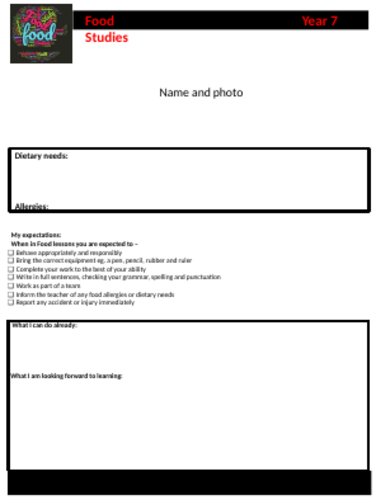 KS3 Food Technology Health and Safety L1 Pupil Worksheet