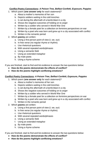 Edexcel Conflict Poetry Connections Quiz