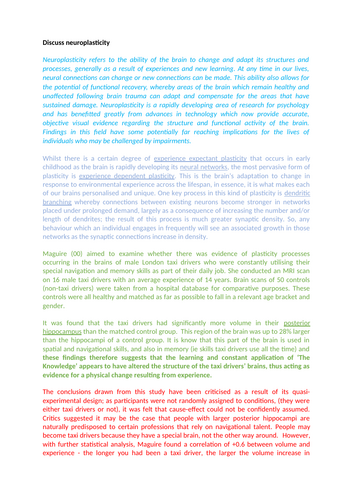 IB/AQA A Level colour coded essay 'Discuss Neuroplasticity' (Teacher written)