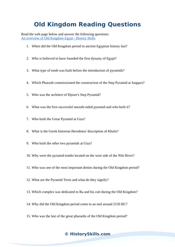 Overview of Old Kingdom Egypt Reading Questions Worksheet