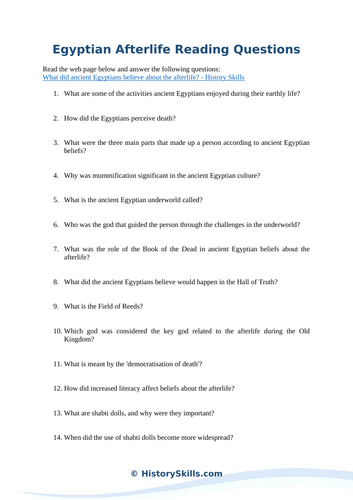 Ancient Egyptian Afterlife Beliefs Reading Questions Worksheet
