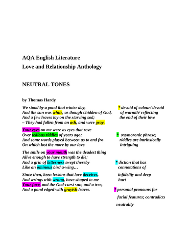 Teacher Resource: AQA Poetry Anthology "Neutral Tones" level 9 analysis GCSE
