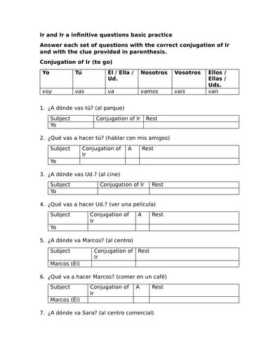 Ir and Ir a infinitive questions basic practice