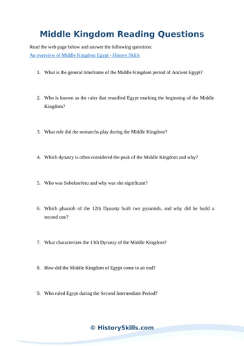 Overview of Middle Kingdom Egypt Reading Questions Worksheet