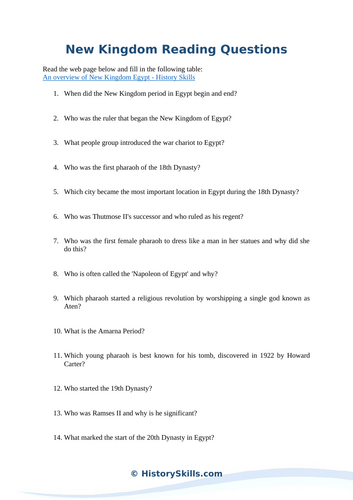 New Kingdom Egypt Reading Questions Worksheet