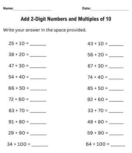 Printable adding multiples of 10 to a 2 digit number worksheet first grade