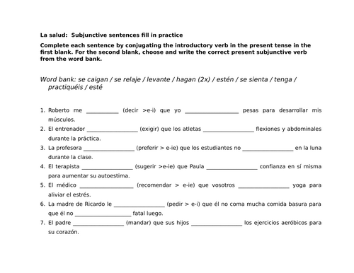 La salud: Subjunctive sentences fill in practice